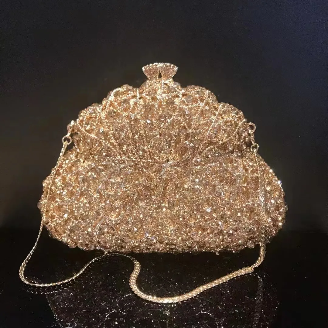 Gold Rhinestone Little Bow Evening Wedding Bridal Clutches Luxury Women Diamond Party Purse Lady Crystal Dinner Banquet Bags