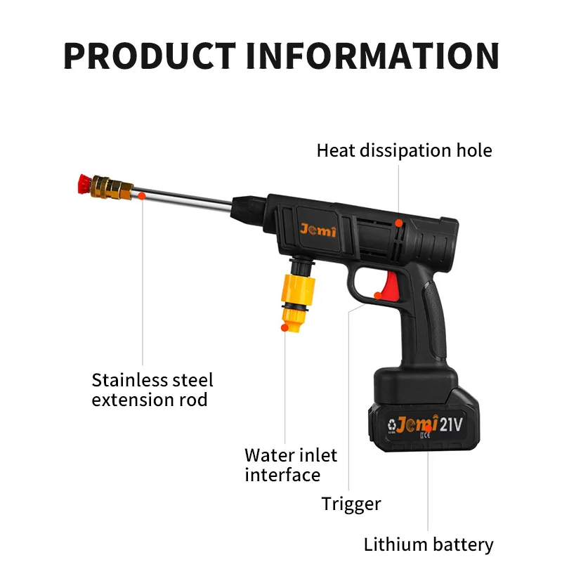 Jemi Tool 60Bar Cordless High Pressure Washer for Makita 18V Battery Home Car Wash Gun Garden Tools