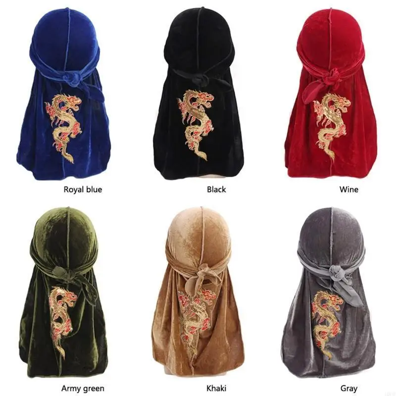 قبعة قرصان مخملية ذهبية بنمط التنين الصيني من Durags مناسبة للارتداء اليومي