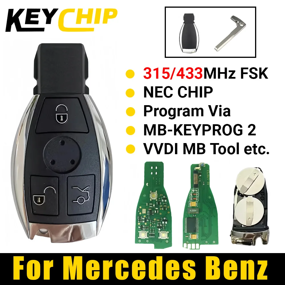 Kc 2 baterias chip nec 315mhz pânico 433mhz carro inteligente remoto chave fob mercedes benz a b c e g r s classe cl clk cls gl ml sl slk