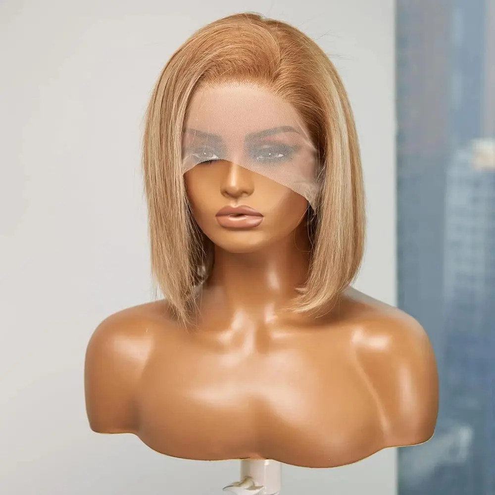Ombre Honey Blonde Highlights Bob Wig Synthetic Fiber Mix Human Hair Wig Free Parting Natural Straight Women‘s Lace Front Wig