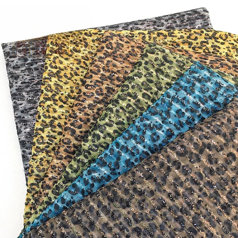 

1yard Multi Colors Leopard Print Embroidery Sequin Fabric African Tulle Lace Fabrics Nigerian Fabric for Clothing DIY Sewing