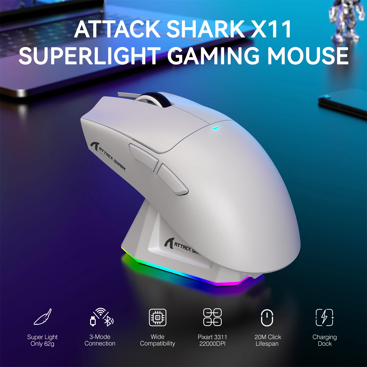 Ratón inalámbrico ligero para juegos ATTACK SHARK X11 con carga de retroiluminación RGB, hasta 22K DPI, sensor óptico PAW3311, interruptor HUYU