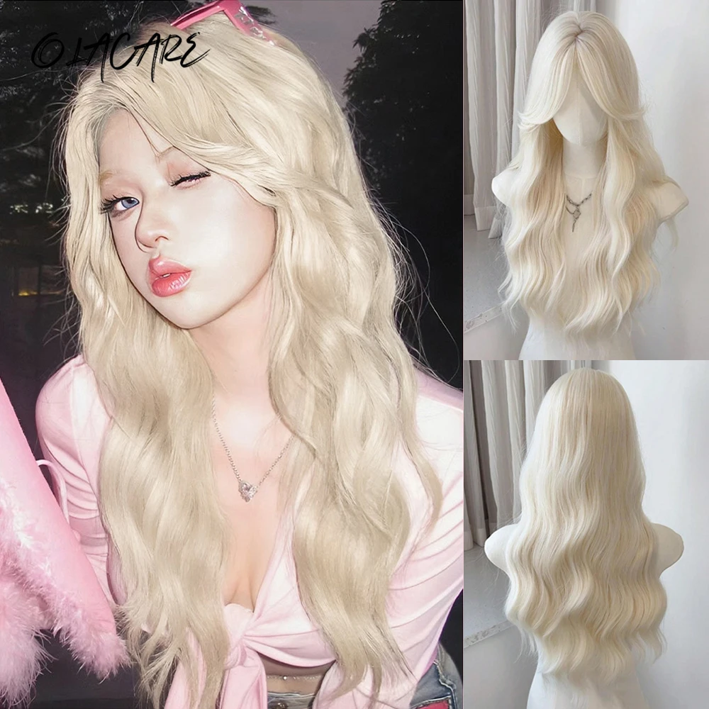 

Synthetic Long Water Wave Wig with Bangs Blond Colorful Cosplay Silky Wig for Women Daily Party Natural Soft Hair Heat Resistant
