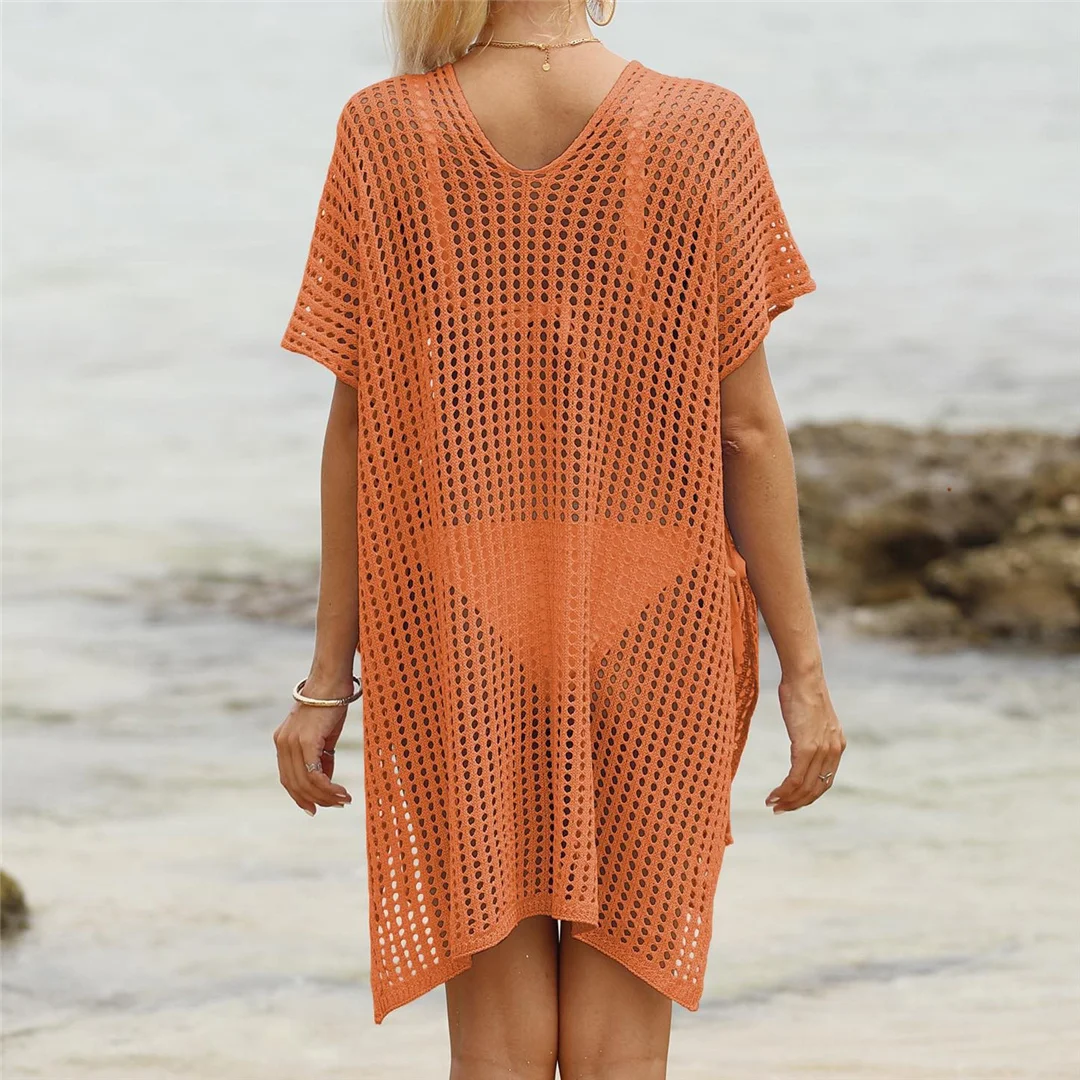 Kurzarm-Tunika mit V-Ausschnitt und Aushöhlungen, gehäkelt, Strickkleid, Strandkleid, Strandmode, Strandbekleidung, Strand-Cover-up, Damen, V8061 – Detail 17