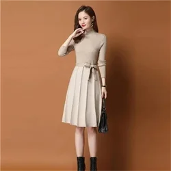 Color Matching Sweater Women Dress Fashion Autumn Winter New Upscale Medium Long Knitting Wool Bottoming Temperament Dress