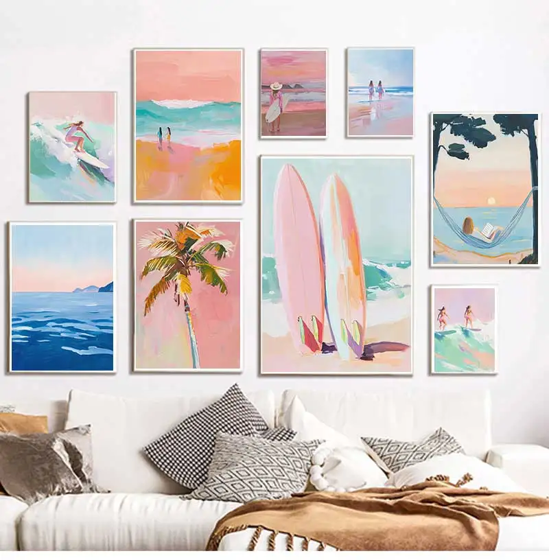 Klassisches, einfaches Ölgemälde, Sommerurlaub, Meer, Strand, Surfen, Poster, Leinwanddruck, Kunst, Bilder, Zuhause, Zimmer, Wanddekoration, Geschenk