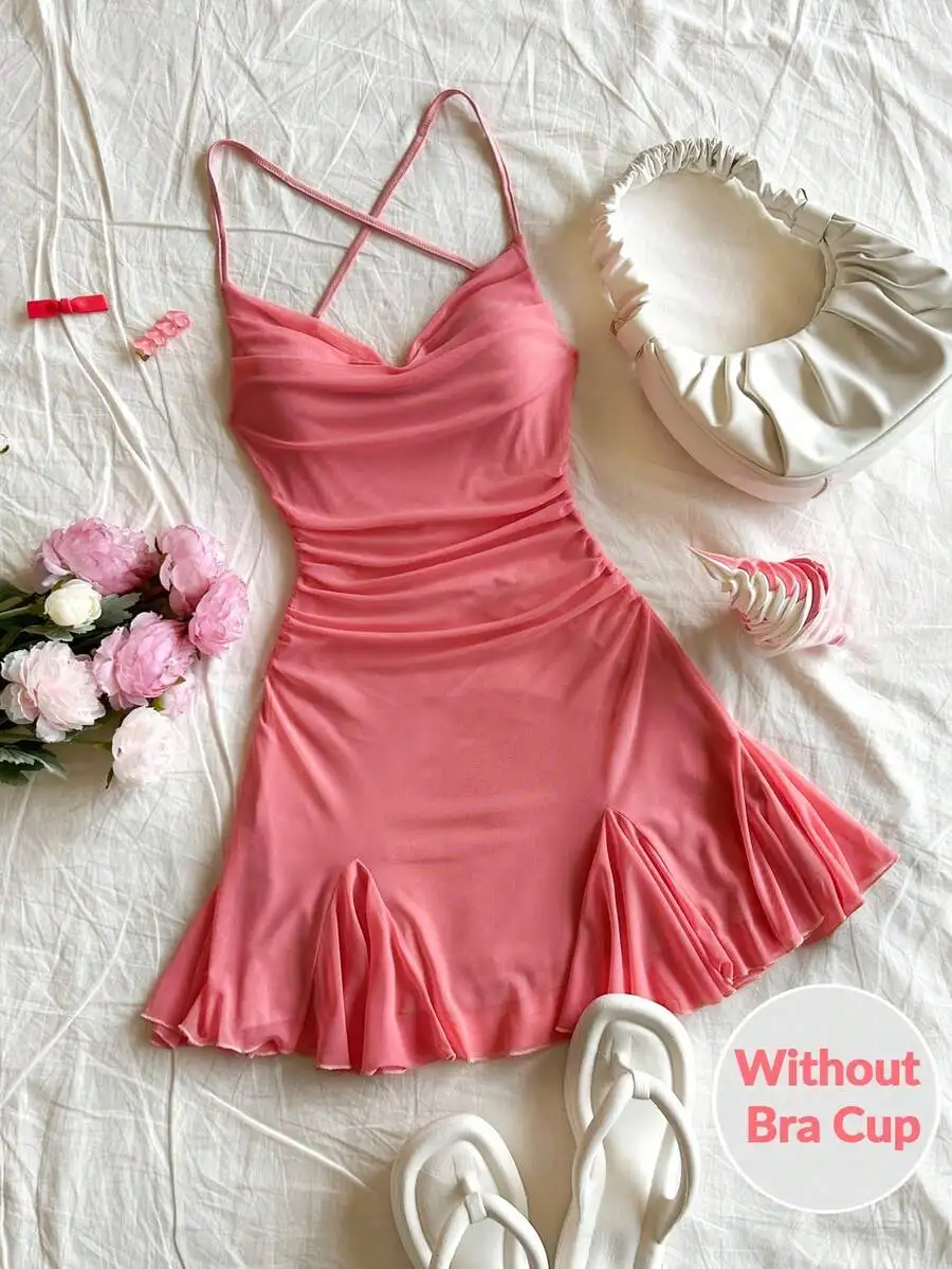 

Pink Sleeveless Ruched Mini Dress with Cross Back Straps and Flared Hem