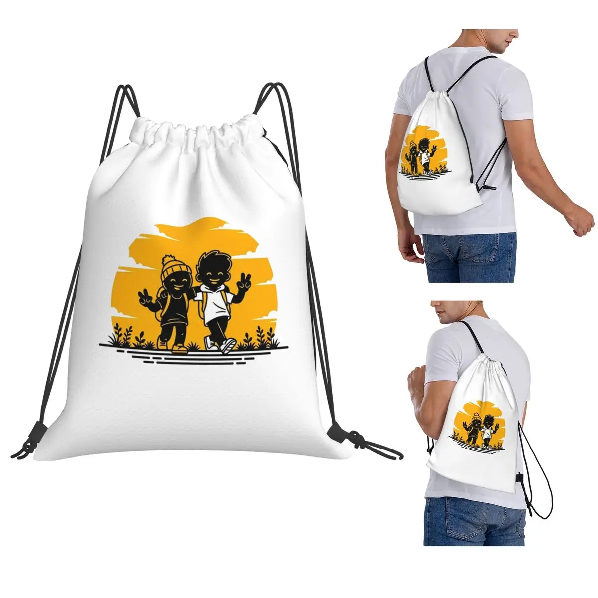 Playful Friendship Sunset Backpacks Portable Drawstring Bags Sports Bag Book Bags for Travel Students