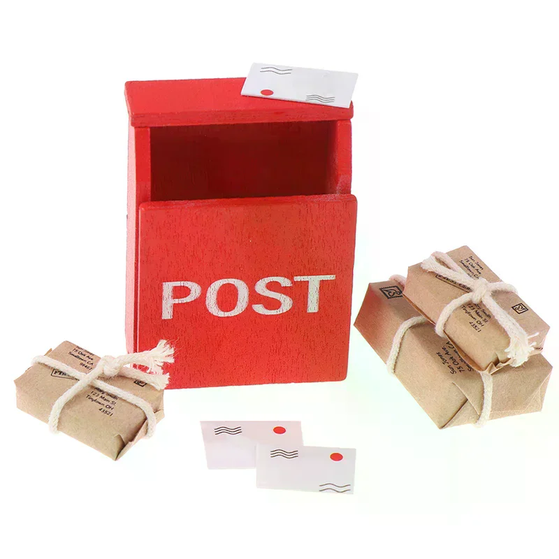 

1Set 1:12 Dollhouse Miniature Letter Box Red Mailbox With Mail Sack Postcard Fairy Garden Door Furniture House Decor Toy