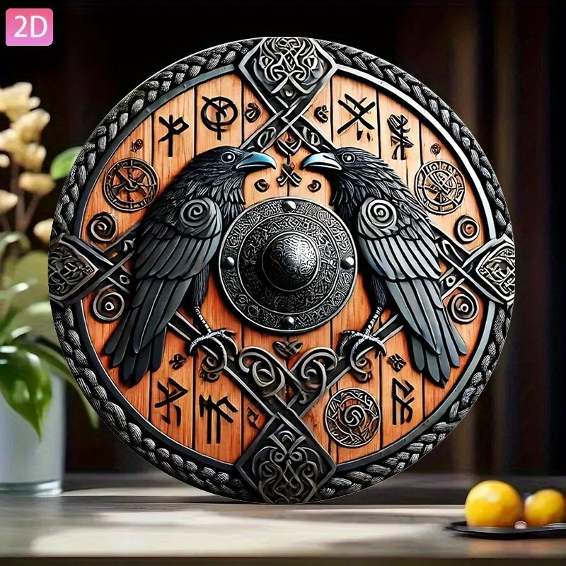 2D Flat, 1pc Viking War Shield Wooden Wall Art - 20.32cm Round Retro Decor with Black Raven & Celtic Knots, Perfect for Home