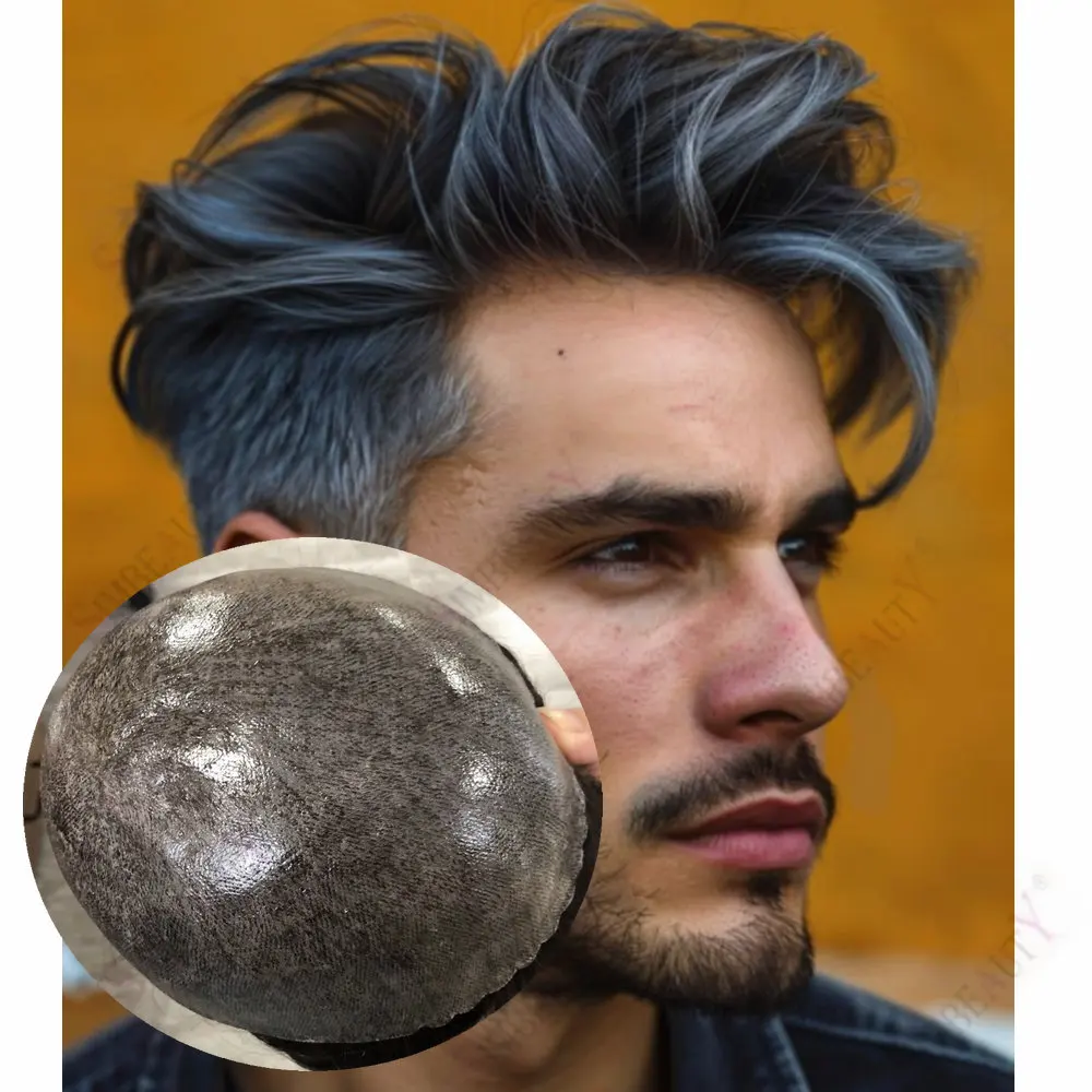 

Серый, черный мужской протез для волос 0,1 мм, инъекционная кожа, парик из искусственной кожи, мужские парики, 100% замена человеческих волос, мужской капиллярный протез