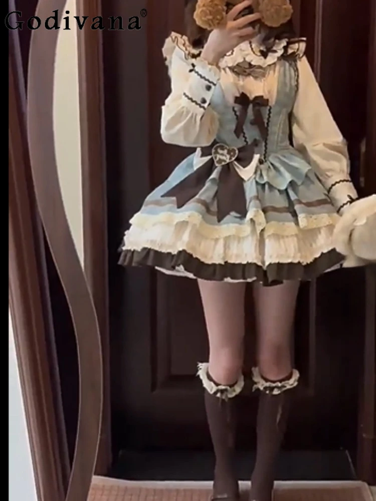 

Elegant Lolita Sweet Ruffles Bow Gentle Jsk Princess Dress Fashion Versatile Age Reduction Girl Long Sleeve Bottoming Shirt Sets