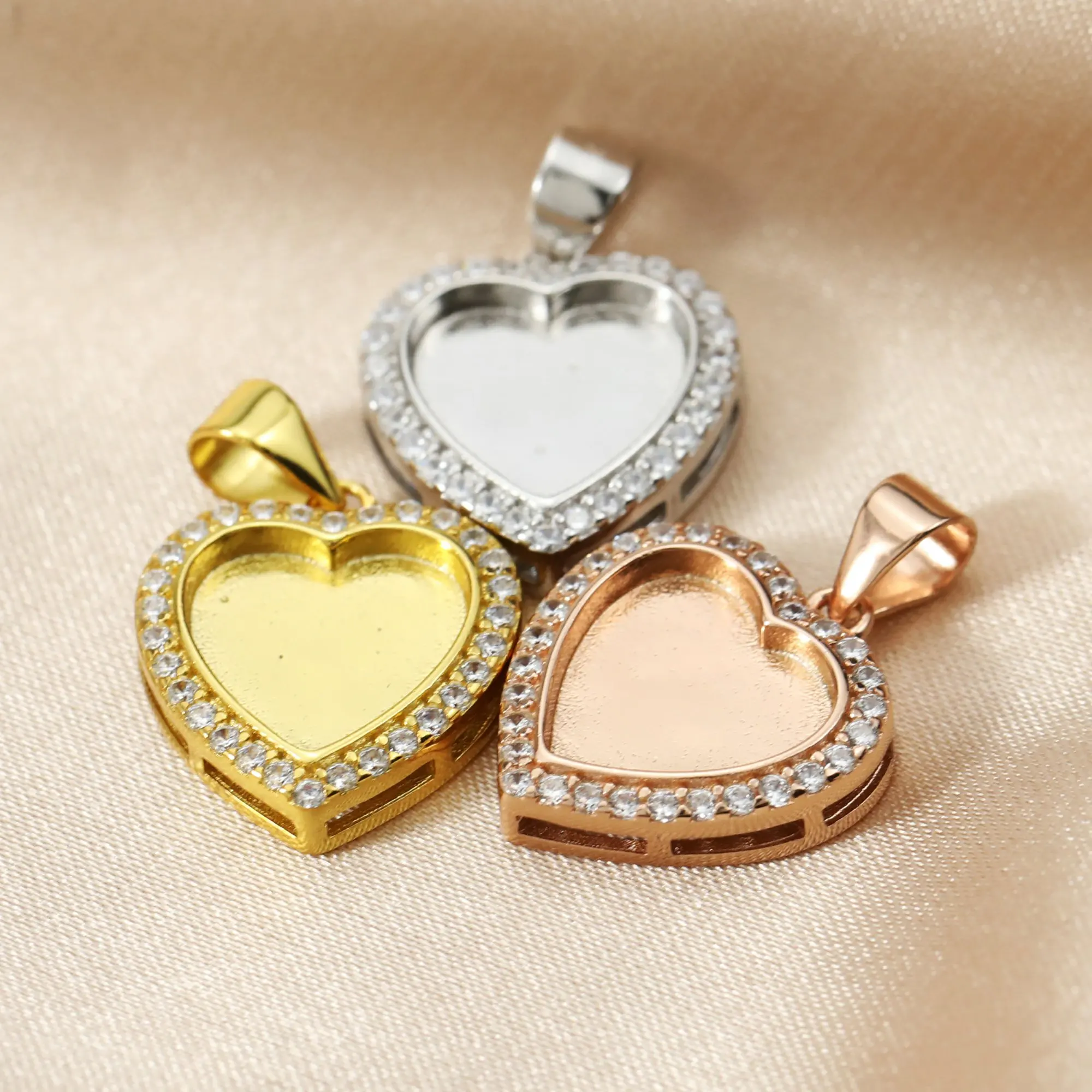 10MM Halo Heart Keepsake Breast Milk Bezel Settings for Resin Solid 925 Sterling Silver Gold Plated DIY Pendant Bezel 1431121