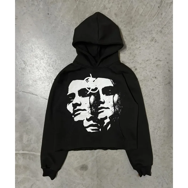 

Vintage Long Sleeved Women's Hooded Sweatshirt From The 2000s, 2025 New Model with Portrait 3D Printing Y2K Gothic Harajuku