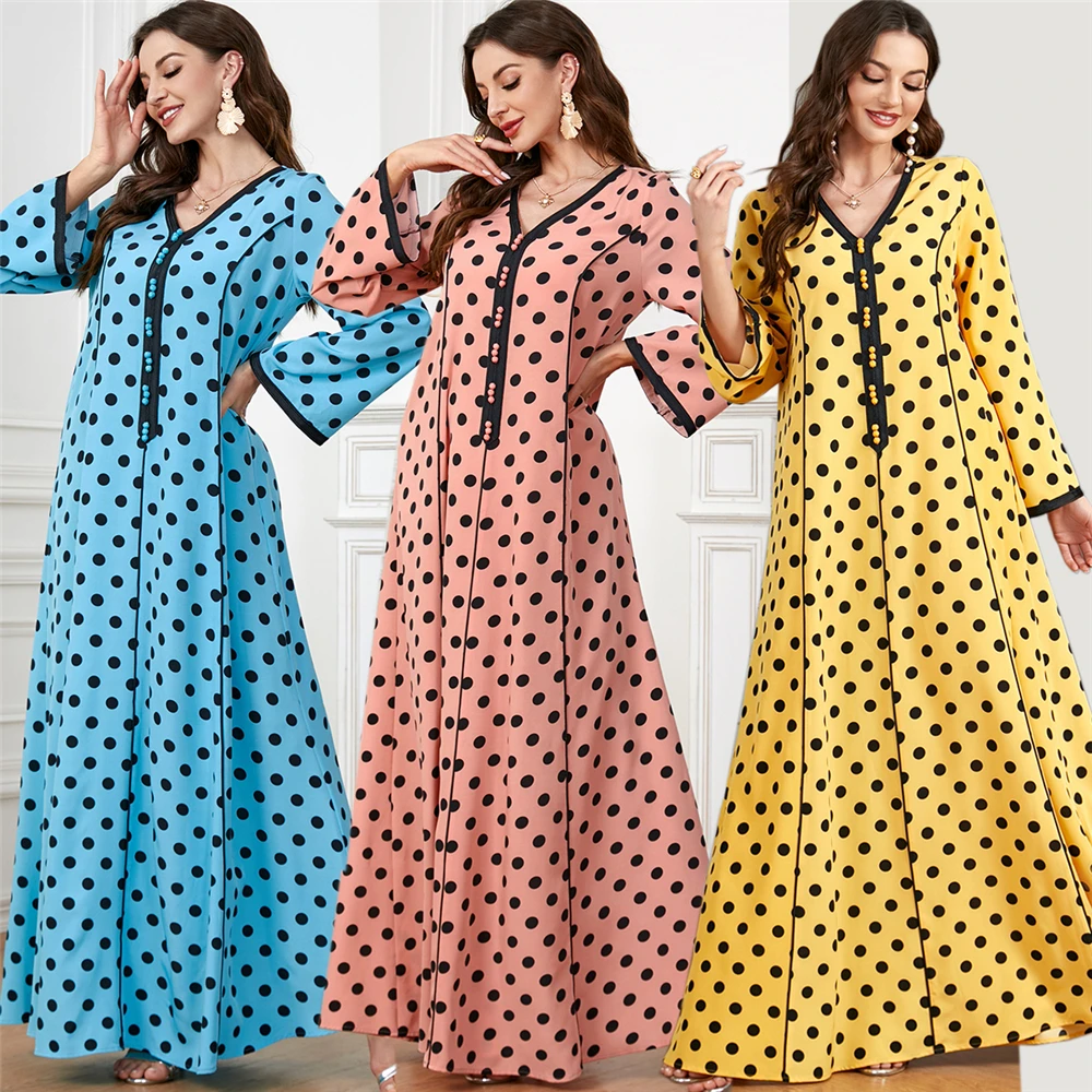 

New Muslim Women Polka Dot Maxi Dress Elegant V Neck Belted Gulf Jalabiya Dubai Abaya Turkey Kaftan Eid Ramadan Islamic Clothing