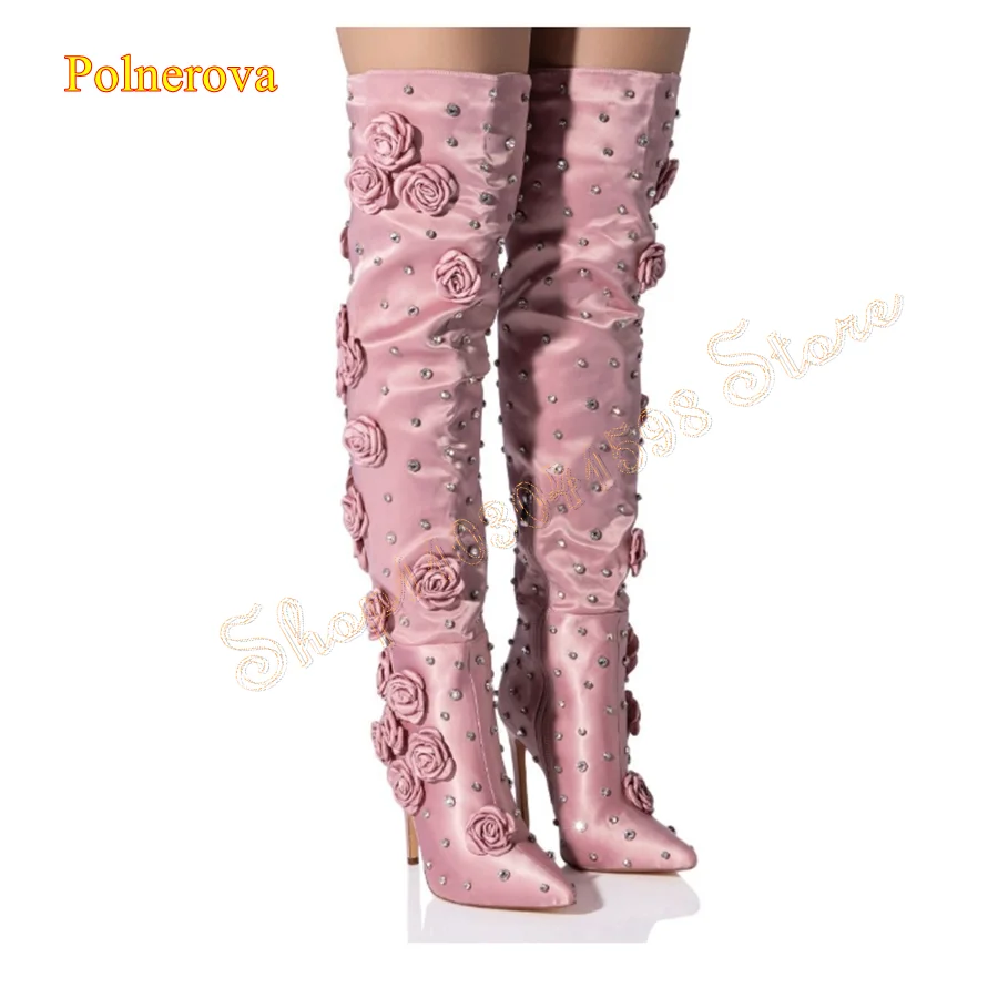 BlingBling Crystal Flower High Heel Boots,Pointed Toe Stiletto Zippered Knee High Boots Wedding 2023 New Zapatos Para Mujere