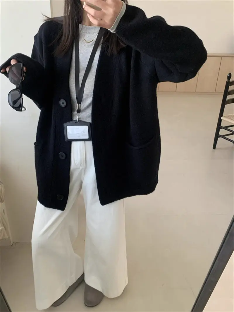 

Mid-Long Cardigans Sleeves Womens Autumn Minimalism Rhinestones Cinch Comfy Three-Button Chunky Soft Ruffles Long Grid Fresh Y2K