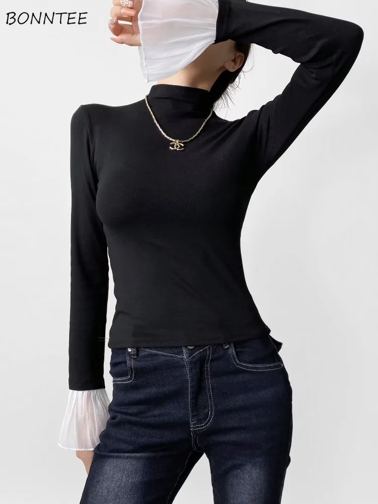 Mock Neck T-shirts Women Y2k Vintage Warm Slim Korean Fashion All-match Tops Autumn Basic Designed Elegant Trendy Flare Sleeve