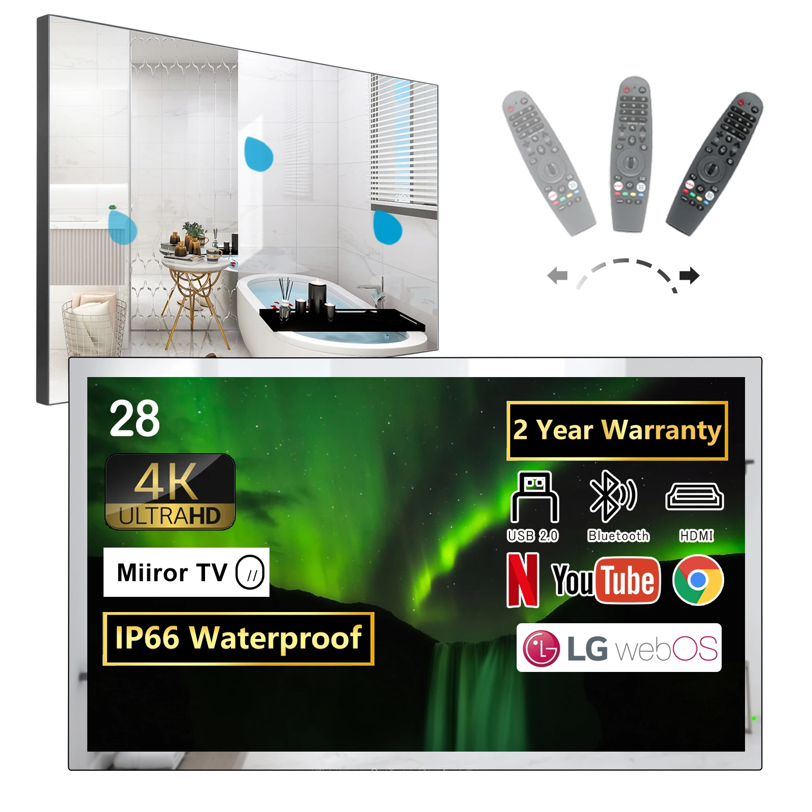 

Soulaca 28 Inches 4K Mirror Bathroom TV webOS Television WiFi Bluetooth Built-in Alexa Smart TV Voice Control ATSC Tuner