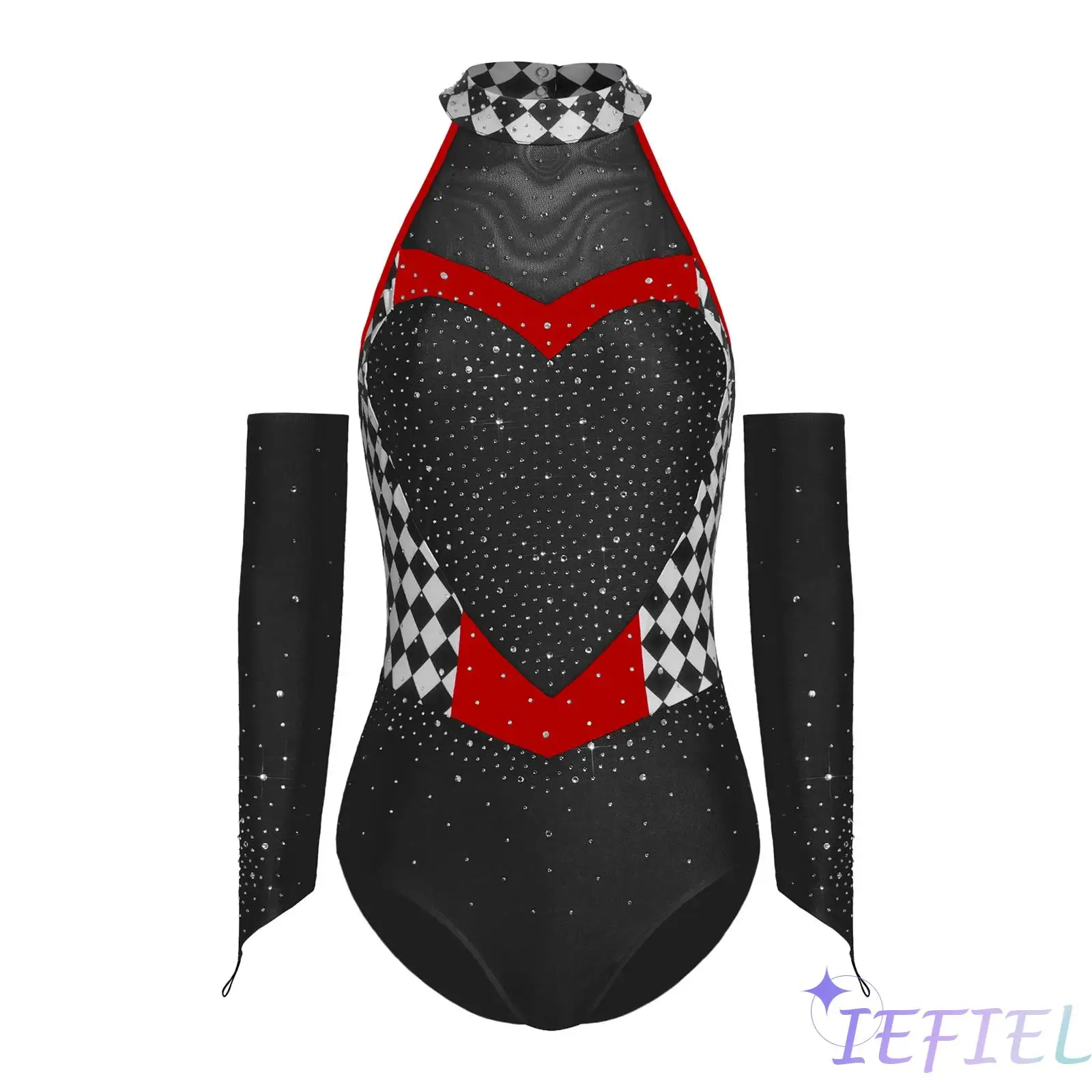 Womens Clown Queen Circus Bodysuit And Gloves Set Checkerboard And Rhinestones Detail Leotard Jumpsuit for Ballet Dance Practice