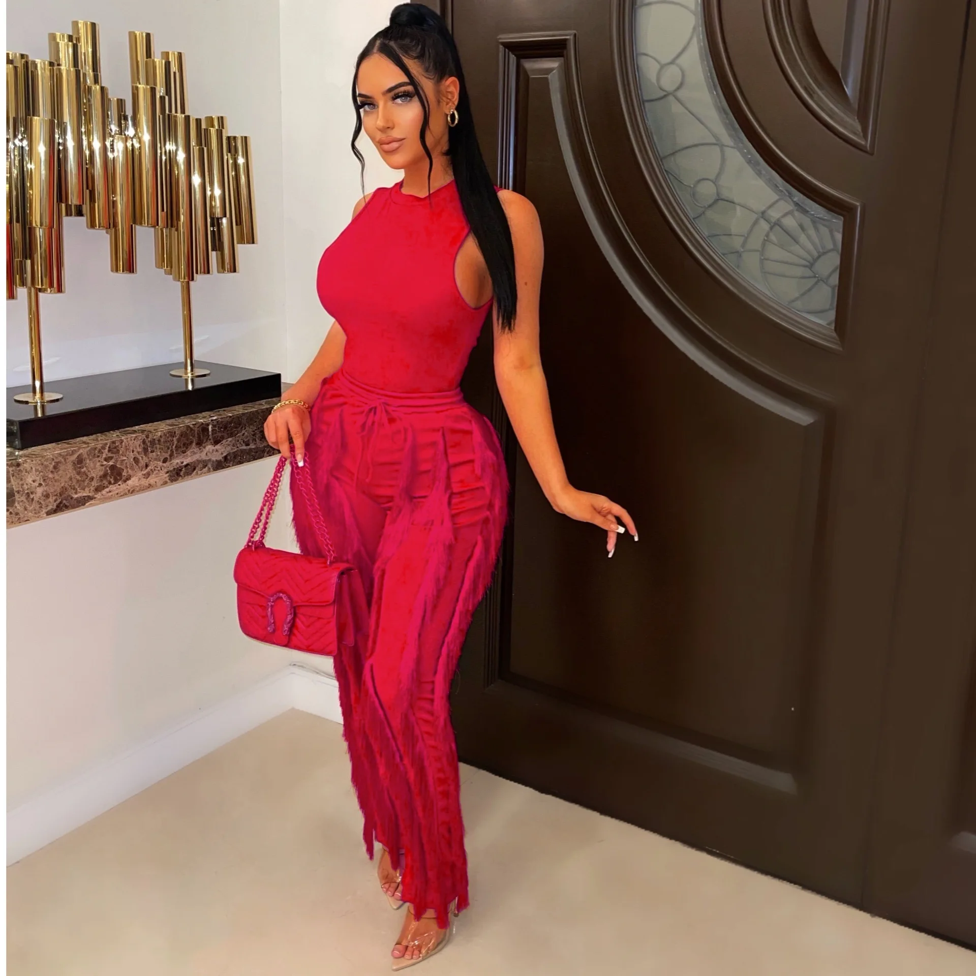 

Women's Summer Two-piece Solid Color Casual Fashion Street Style Sleeveless Round Neck Vest And Fringed Trousers Two-piece Sets