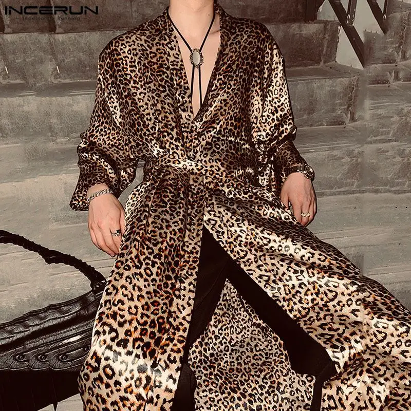 INCERUN Tops 2024 Sexy Casual Men's Long Knee Length Shirts Stylish Leopard Print Satin Strap Long Sleeved Cardigan Blouse S-5XL