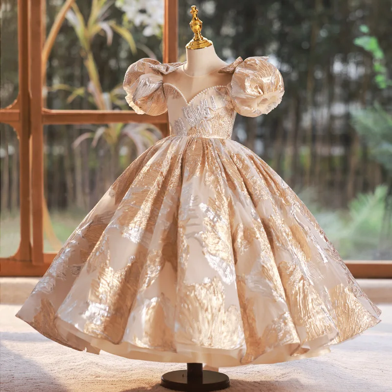 2024 Luxury Bubble Sleeves Girls Dress Fashion Round Neck Princess Dresses Holiday Party Children\'s Vestidos Ball Gown for Girl