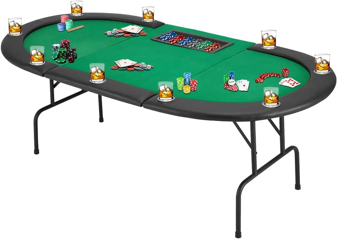 Poker Table w/Stainless Steel Cup Holder for 9 Player w/Leg, Casino Leisure Table Top Texas Hold 'Em Poker Play Table, Green Fel