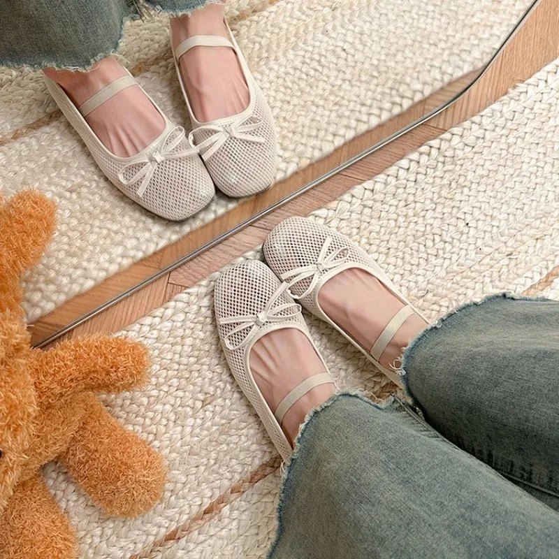 Retro Knot Hollow Out Mary Jane Shoes Soft Bottom Breathable Mesh Single Shoes Korean Style Flat Heel Round Toe view 4