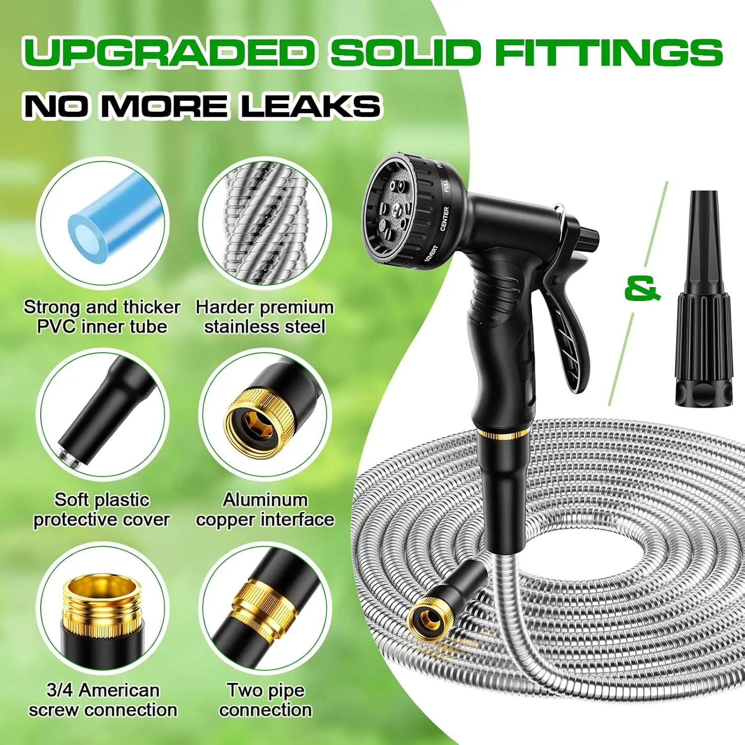 Garden Hose JTTHKK Water Hose 75 ft - 304 Stainless Steel Metal Hose with 10 Function Nozzles, No-Kink, Rust Proof