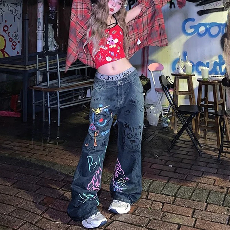 Women's Cartoon Graffiti Paint Pattern High Waist Jeans Street Cool Girl Bottoms Wide Legs Pants Female Fashion Denim Trousers