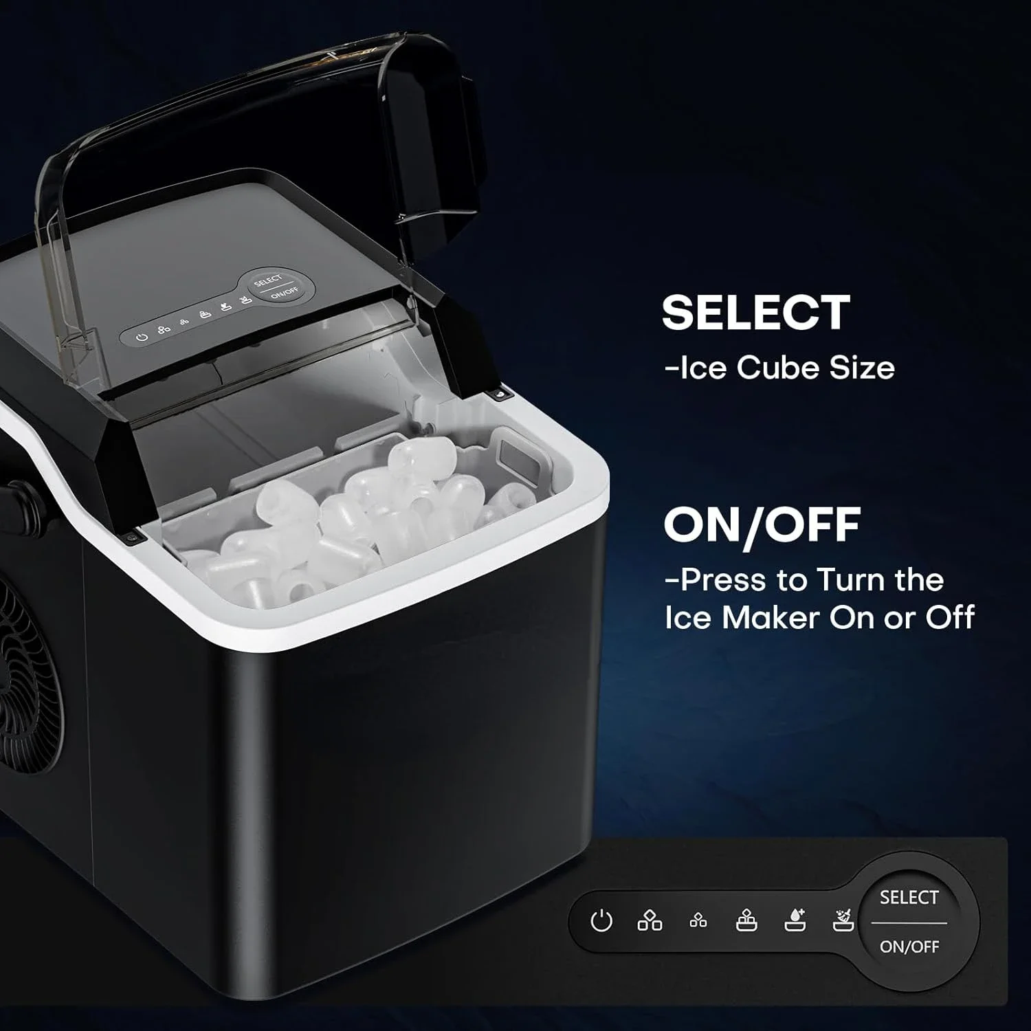 Compact Y90 Countertop Ice Maker with Fast Self-Cleaning Function, Efficient Ice Cube Making Machine Producing Max 26Lbs/Day, 9
