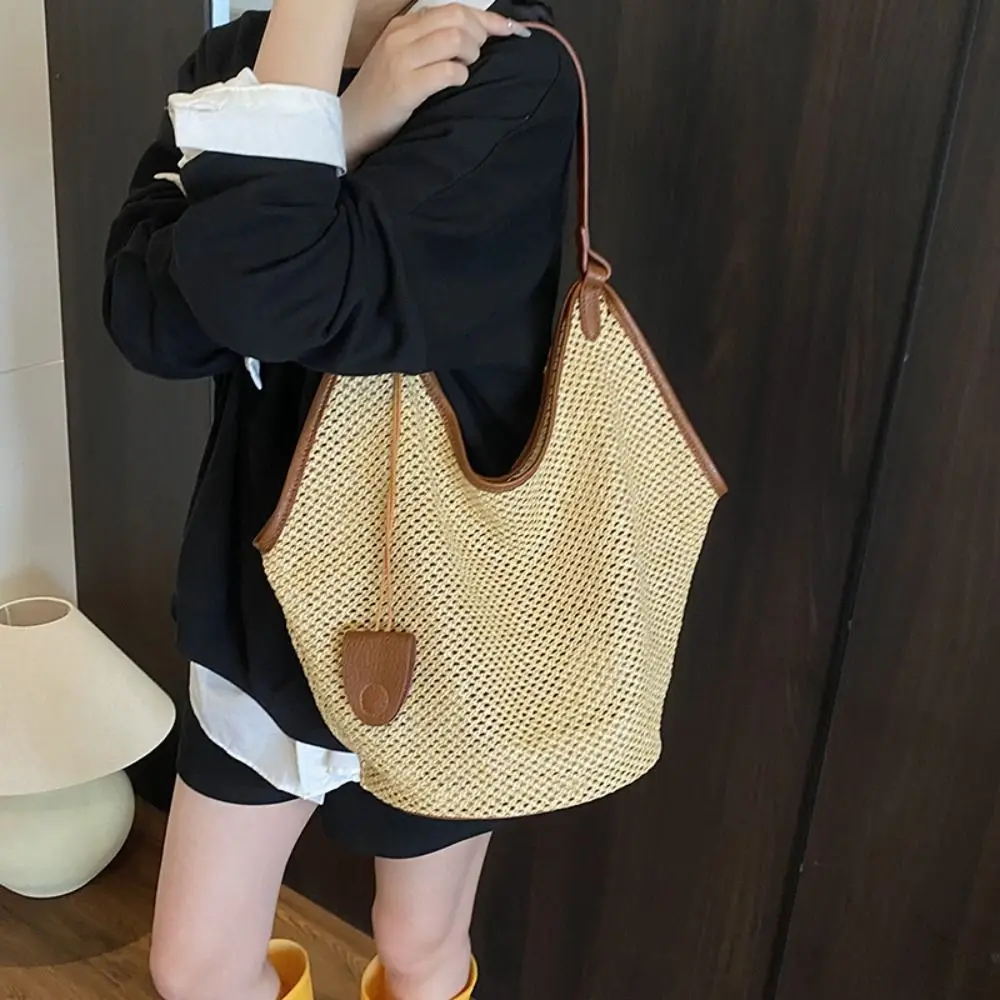 Полая соломенная тканая сумка, сумка на плечо для родителей, большая сумка с зажимом для солнцезащитных очков, богемная пляжная сумка, сумка-ведро, пляжная сумка