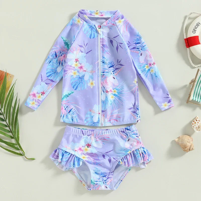 Tregren Baby Swimsuit Summer KidsBaby Girls Swimwear Coconut Tree Flower Print Long Sleeve Ruffle Bathing Suit Children Swimwear