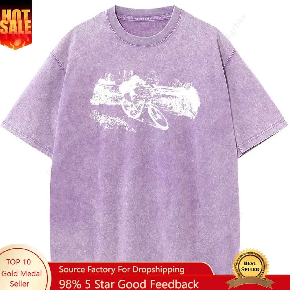 Men's T-shirt with bicycle riding printcotton washed T-shirt casual loose T-shirt for summer