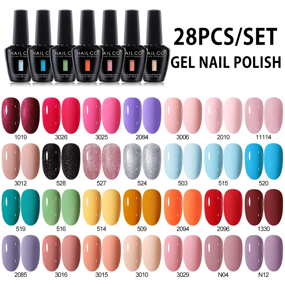 

NAILCO 28 шт., 15 мл, набор гель-лаков для ногтей, включая красный, розовый, телесный, набор гель-лаков, УФ-светодиод, замачиваемый лак для дома, подарки своими руками для девочки
