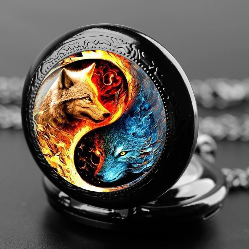 Yin and Yang Wolf Quartz Pocket Watch Necklace Clock Chain Pendant Women Men Pocket Watch Kids Jewelry Gift reloj de bolsillo