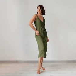 100% Cotton Dresses For Women 2024 Sexy V-Neck Adkustable Strap Patchwork Bandage Chic And Elegant Woman Summer Dress