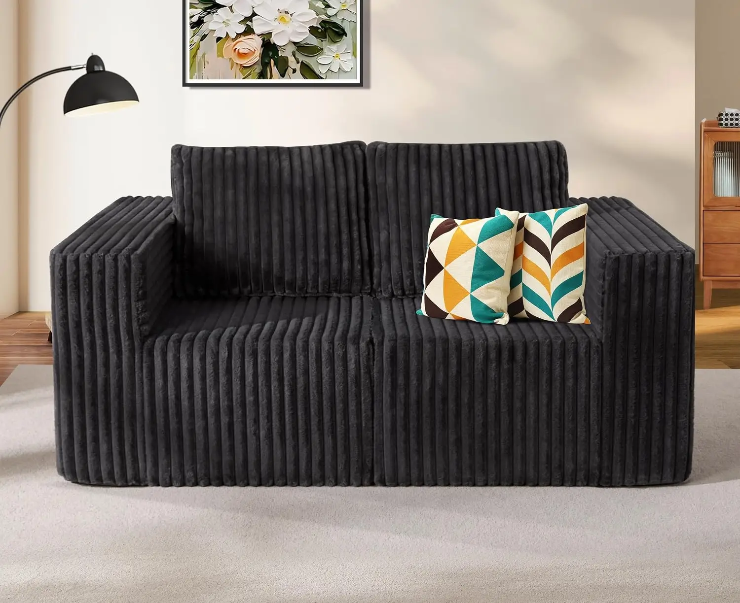 2-Seater Modular Sofa Deep Seat Oversized Sectional Grey Loveseat Fabric Memory Foam No Assembly Cloud Chair Pillows Living Room