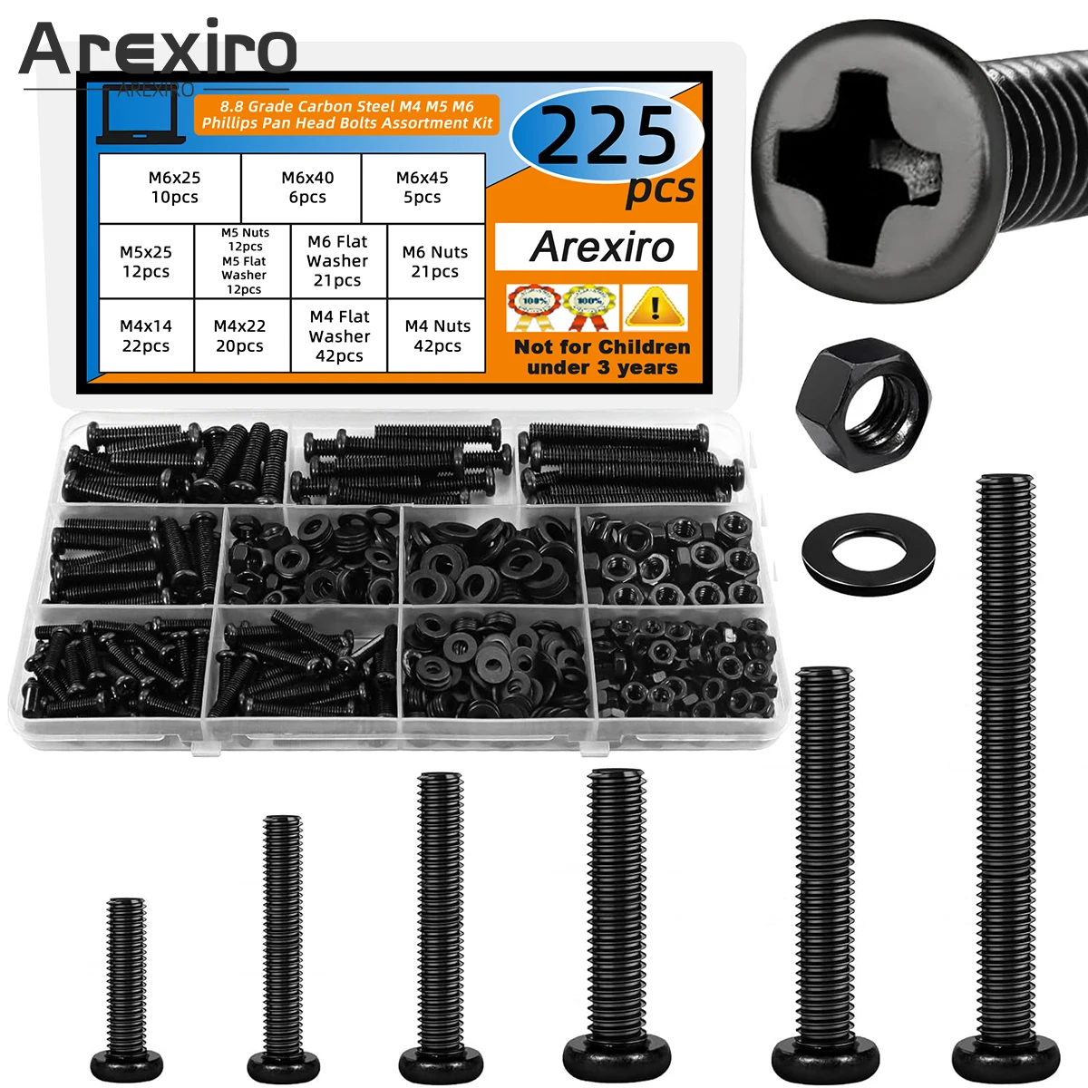 225 قطعة M4 M5 M6 الصف 8.8 الكربون الصلب عبر الجوز ومجموعات الترباس