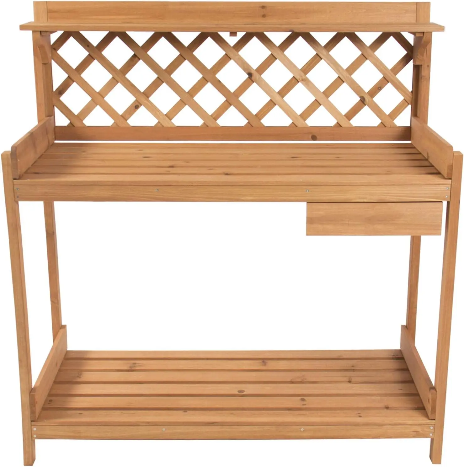 Garden Potting Bench With Lower Shelf Upper Shelf Spacious Tabletop And A Cabinet For Storing Gardening Equipment And Tools