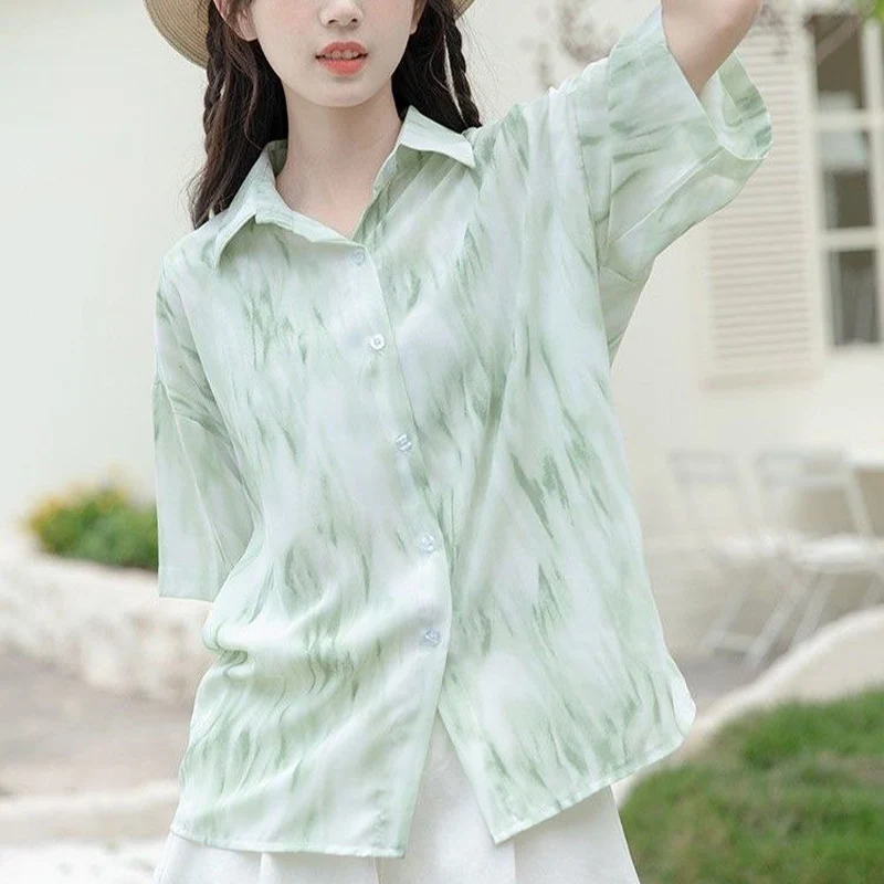 High Street Mint Green Printed Sweet Shirt for Women\'s 2024 Summer New Loose Slimming Fashion Casual Versatile Top for Women