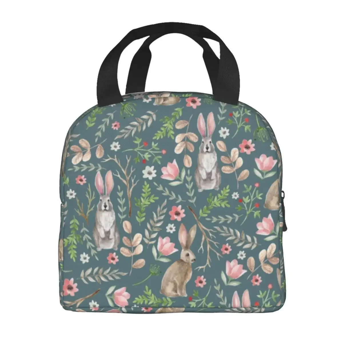 Cute Rabbits Flowers Pattern Insulated Lunch Bag for Women Waterproof  Thermal Cooler Bento Box Office Picnic Travel