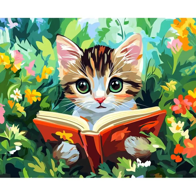 

CHENISTORY 5D DIY Diamond Painting Kitten reading Rhinestone Art Full Square Diamond Embroidery Animals Mosaic Home Decoration