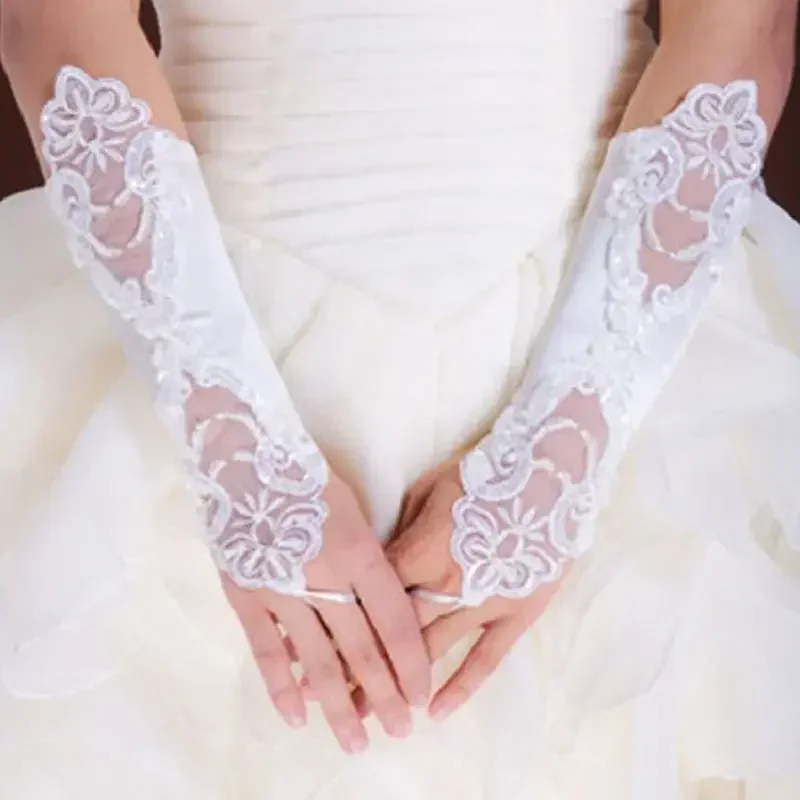 1 Pair Women Bridal Long Gloves Fingerless Embroidery Lace Glitter Sequins Solid Color Elbow Length Mittens Hook Finger