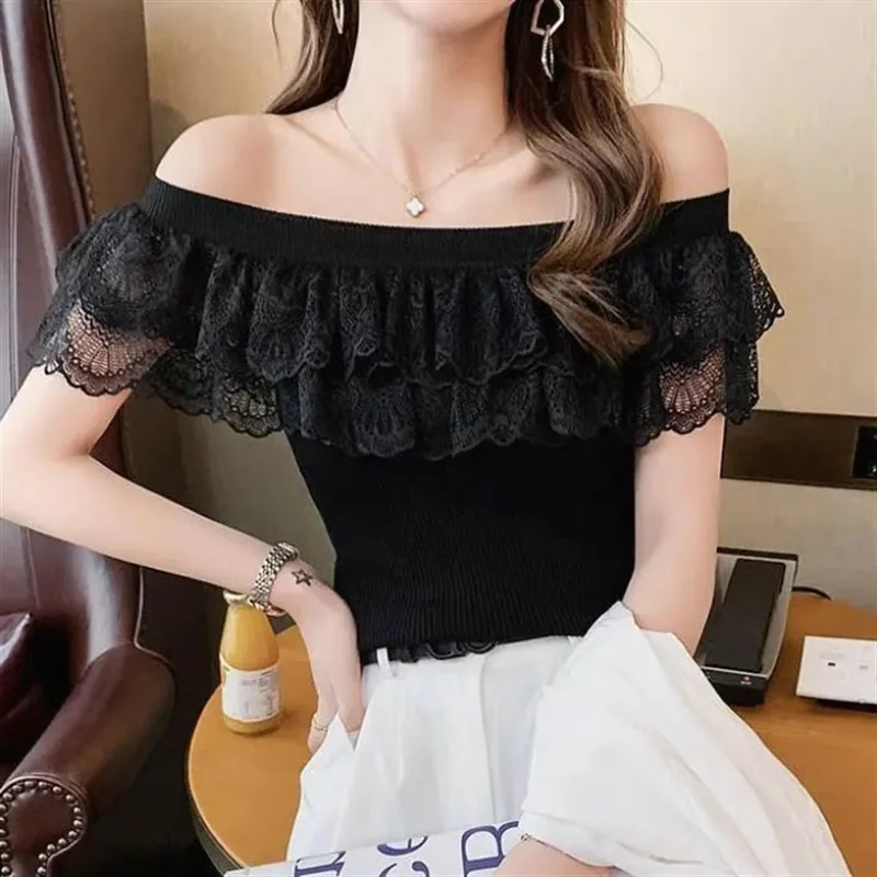 Women's Clothing Summer Sexy Off Shoulder Ruffles Lace Patchwork Ice Silk Knitwear Elegant Fashion Solid Short Sleeve Slim Tops