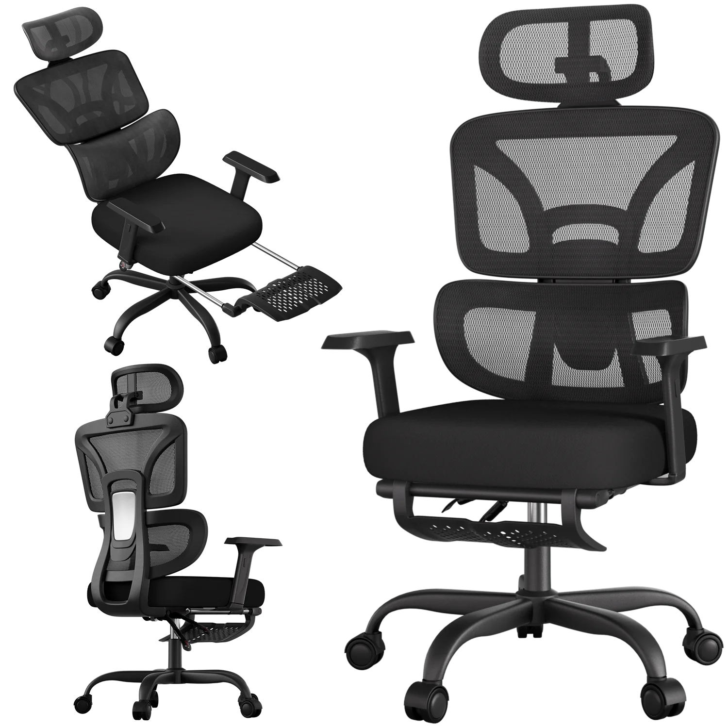 FRODROVIA Mesh Office Chair, Ergonomic Computer Chair with Footrest, Adjustable Gaming Chair with Armrests, Breathable Mesh Desk Chair – Available in Grey or Black