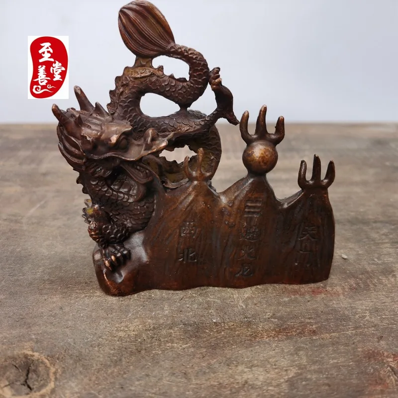 Antique Collection Old Patina Alloy Bronze Living Room Decorative Ornament Fire Dragon Northwest Gate of Heaven 9x4x9CM