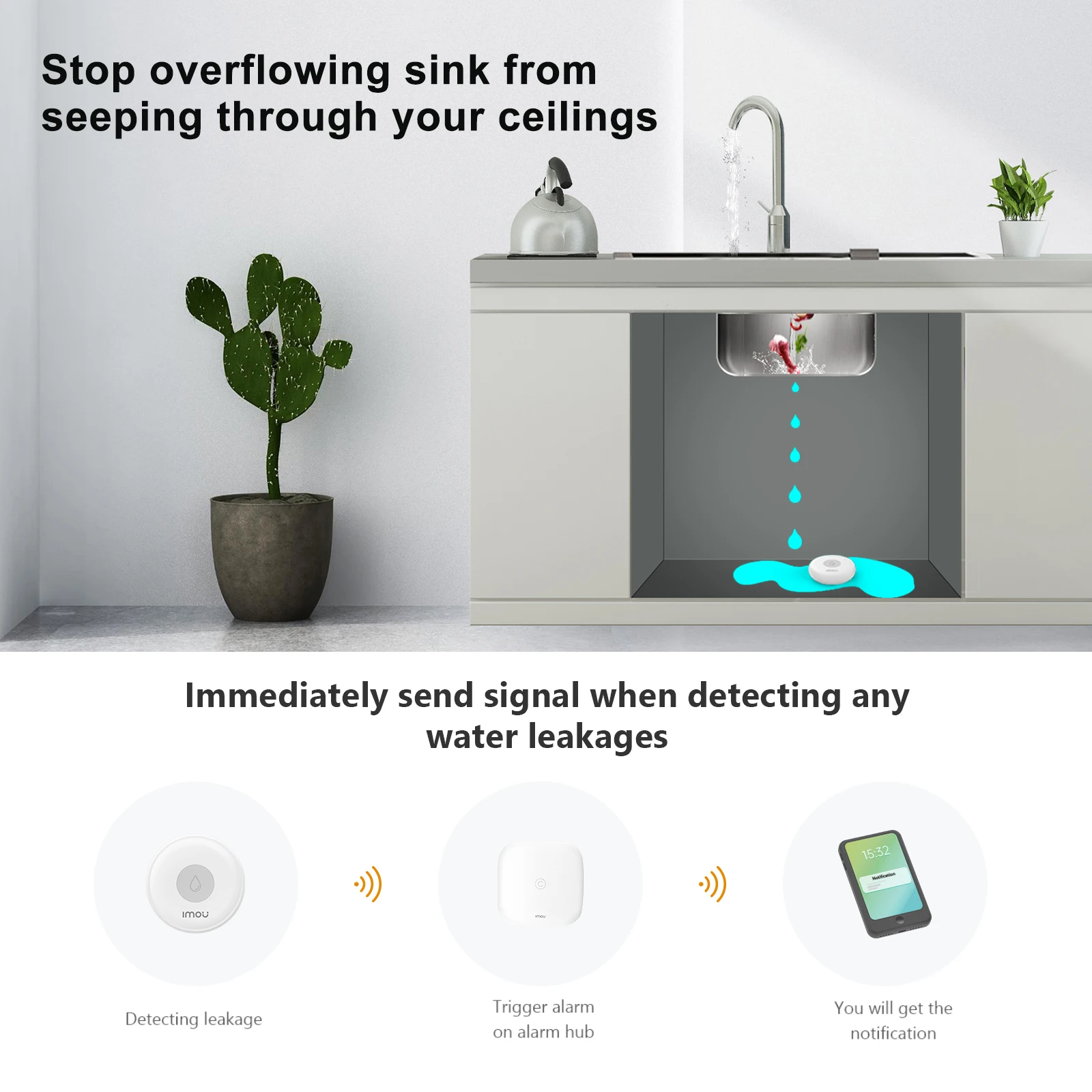 Imou Wireless Smart Water Sensor Alarm Water Leak Detector IP66 Waterproof ZigBee 2.4G WiFi for Kitchen Bathroom APP Control